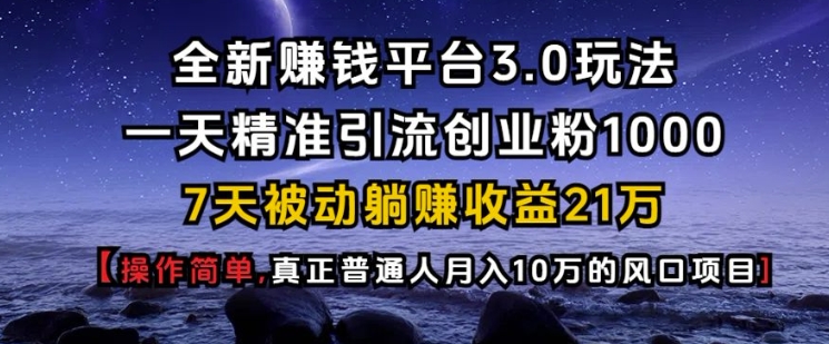 全新赚钱平台3.0玩法一天精准引流创业粉1000.7天被动躺Z收益21W【仅揭秘】-揽颜居工坊
