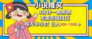 小说推文6.0，简单无脑，3分钟一个原创作品，每天半小时，日入300-1000...-揽颜居工坊