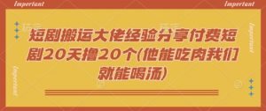 短剧搬运大佬经验分享付费短剧20天撸20个(他能吃肉我们就能喝汤)-揽颜居工坊