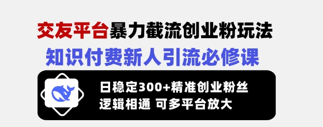 交友平台暴力截流创业粉玩法，知识付费新人引流必修课，日稳定300+精准创业粉丝，逻辑相通可多平台放大-揽颜居工坊
