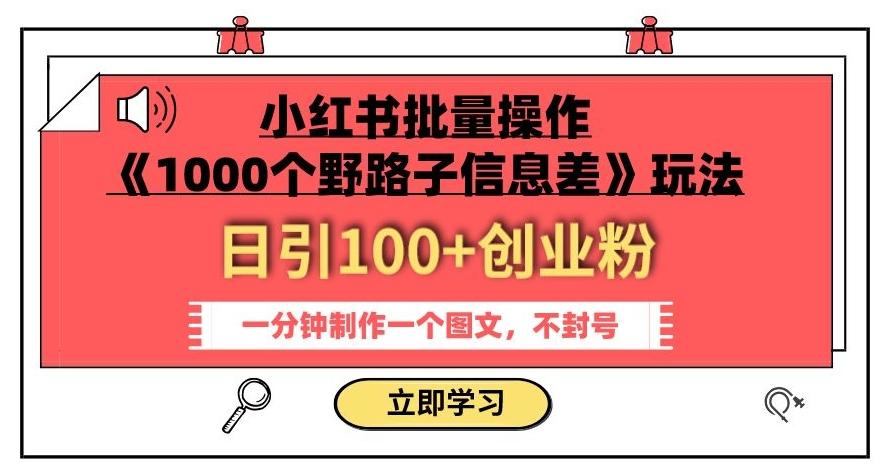 小红书批量操作《1000个野路子信息差》玩法，一分钟制作一个图文，不封号，日引100+创业粉-揽颜居工坊