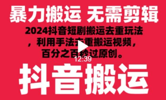 2024最新抖音搬运技术，抖音短剧视频去重，手法搬运，利用工具去重，达到秒过原创的效果【揭秘】-揽颜居工坊
