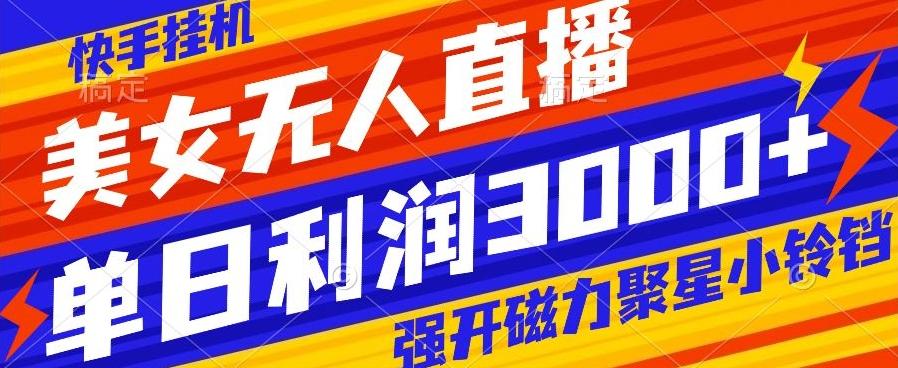 快手挂机，美女无人直播，强开磁力聚星小铃铛，日入3000+-揽颜居工坊