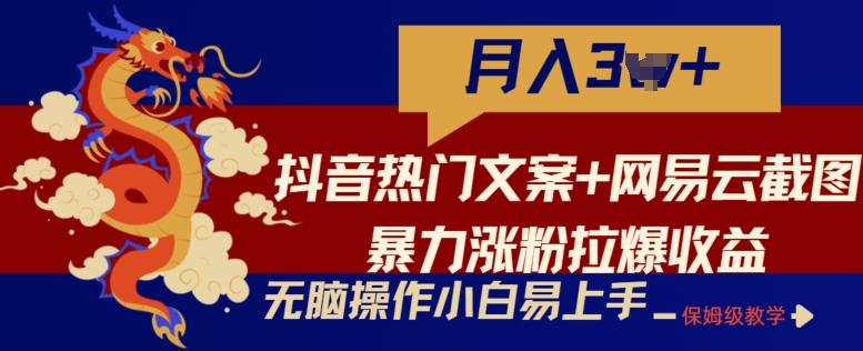 抖音热门文案+网易云截图暴力涨粉拉爆收益玩法，小白无脑操作，简单易上手【揭秘】-揽颜居工坊